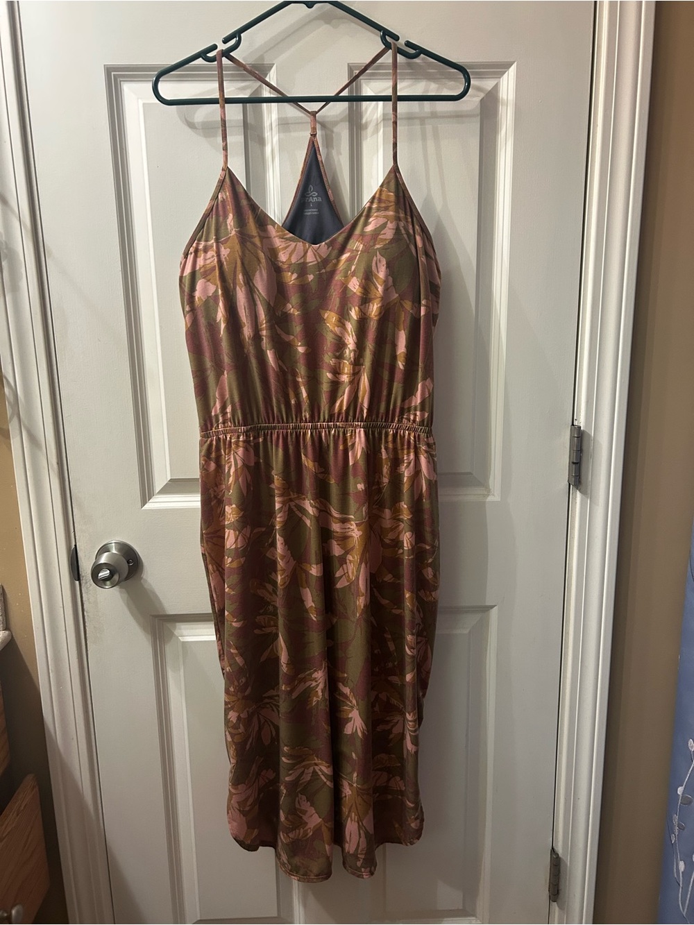Women's Prana Floral Leaf Print Strap Dress Pink Olive & Brown size large - Picture 3 of 10